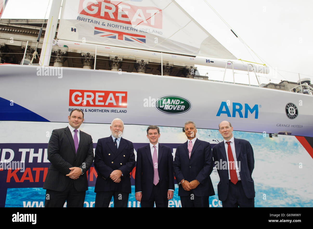 (left to right) Global Sponsorship Manager for Land Rover Ed Tilston, Sir Robin Knox-Johnston, Sports Minister Hugh Robertson, Managing Director of Grange Hotels Tony Matharu and Vice President of Public affairs at ARM Stephen Patttison at a launch event for the yacht 'Great Britain' in Trafalgar Square, London. PRESS ASSOCIATION Photo. 'Great Britain' will be the flagship of the Clipper Round the World Yacht Race, which starts on 1 September 2013. Picture date: Wednesday July 31, 2013. Photo credit should read: Dominic Lipinski/PA Wire Stock Photo