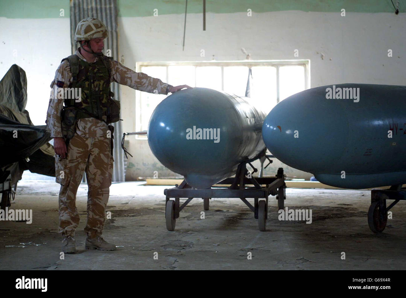 Two of four surface-to-surface anti-ship cruise missiles found by Desert Rats at a small hangar at Basra's Naval Academy. Stock Photo