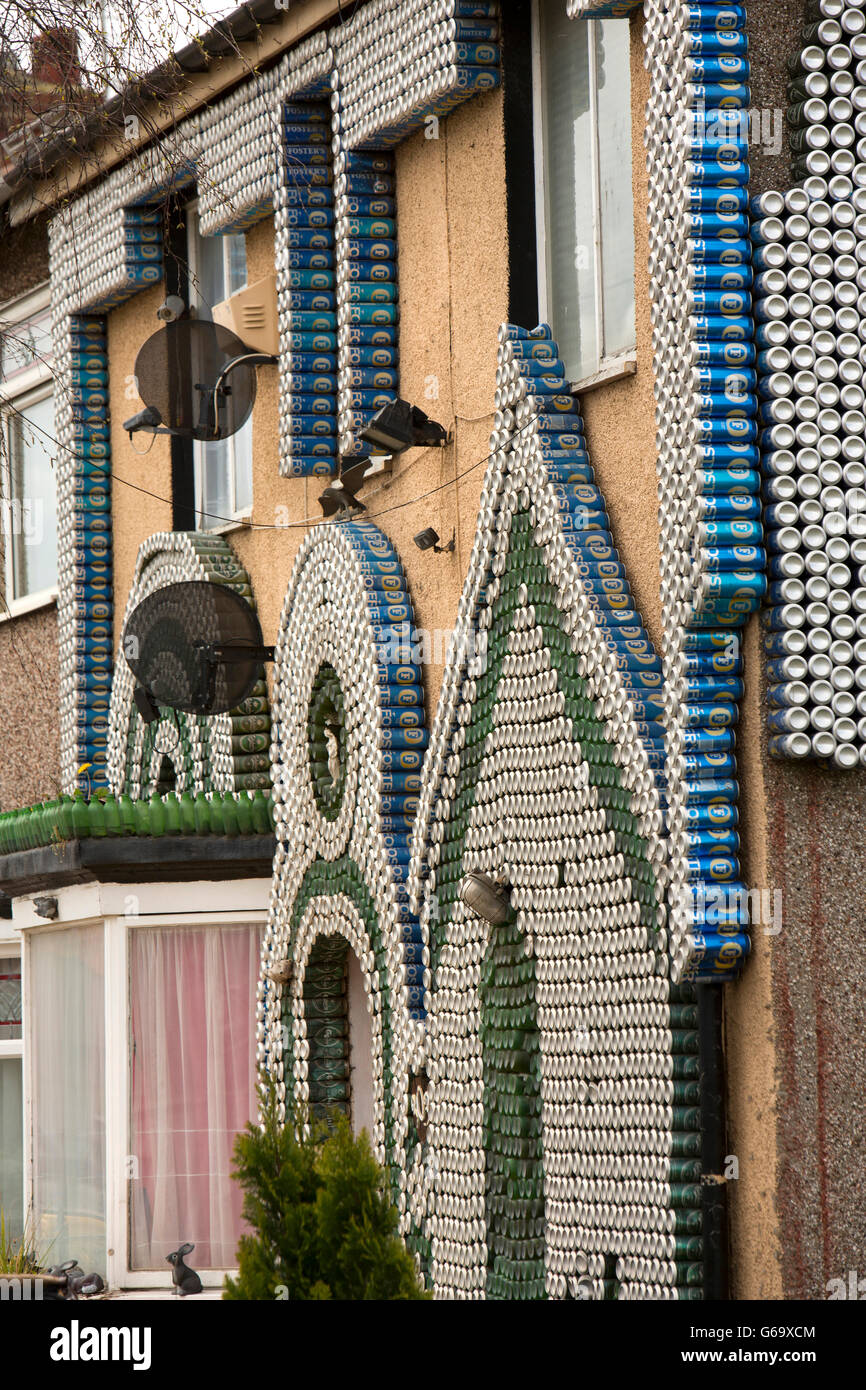 UK, County Durham, Hartlepool, Raby Road, house front decorated with empty Fosters Lager cans, by Philip Muspratt Stock Photo