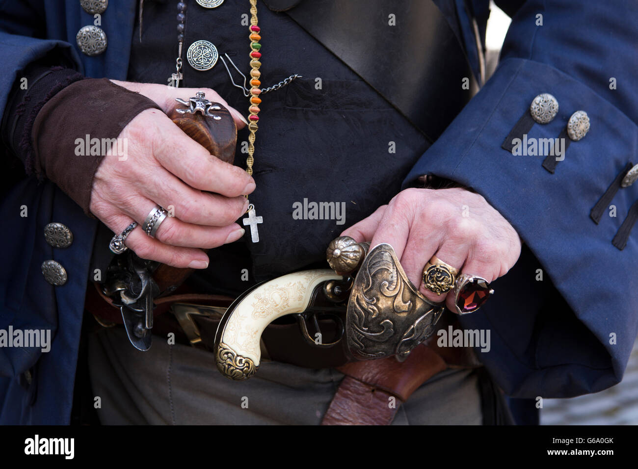 UK, County Durham, Hartlepool Maritime Experience, hands of pirate JB Snakey, (James Lupton) Stock Photo