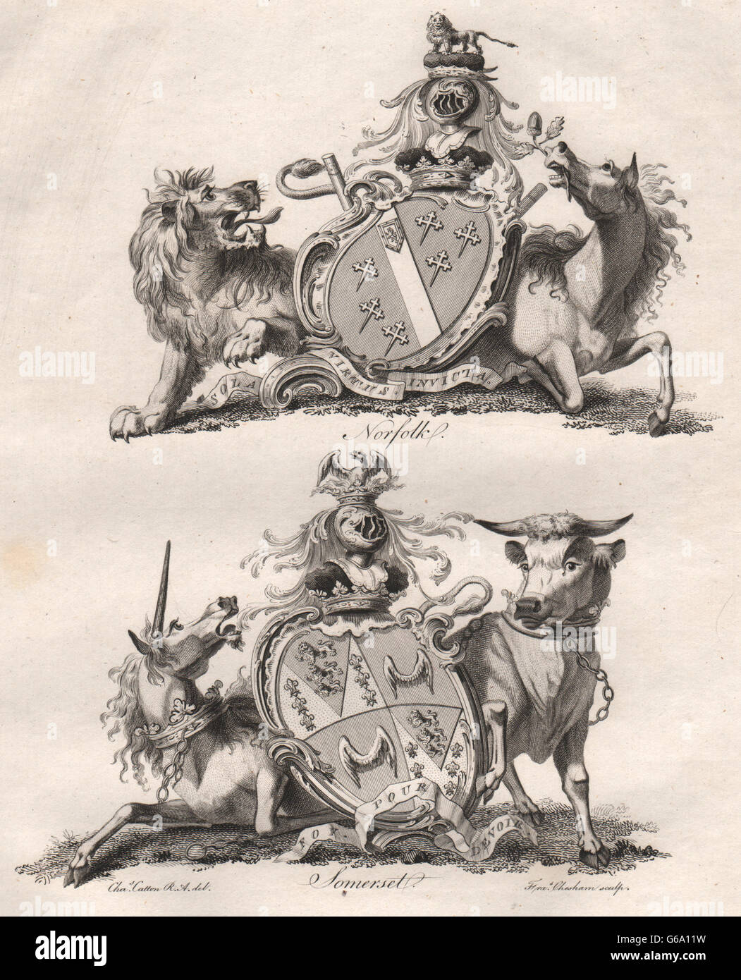 NORFOLK; SOMERSET: Coat of Arms. Heraldry, antique print 1790 Stock Photo