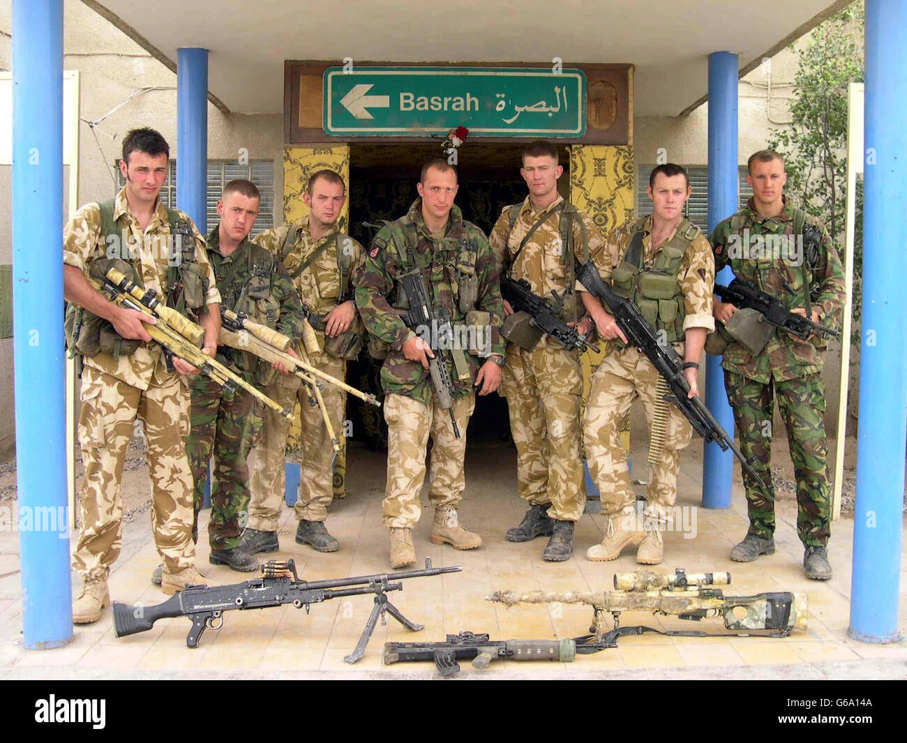 British Army snatch squad in Basra,(l-r) Lance Corporal Richard Watson, 23, of Rawdon, Leeds; Fusilier Nicky Jones, 20, of Amble, Northumberland; Lance Corporal Paul Gerrard, 25, from Rugby; Sergeant Ed Rutherford, 26, of Hexham, Northumberland; *..Lance Corporal Mark Lockhart, 23, of Brunswick, Newcastle; Military Police Corporal Russ Harrison, 31, of Montrose, Scotland; Corporal Harry Harrington, 28, of Leamington Spa, Warwickshire. The squad told how they seized three suspect militia men in a dramatic dawn raid - in just 25 seconds. The team crept up on the building in semi-darkness before Stock Photo