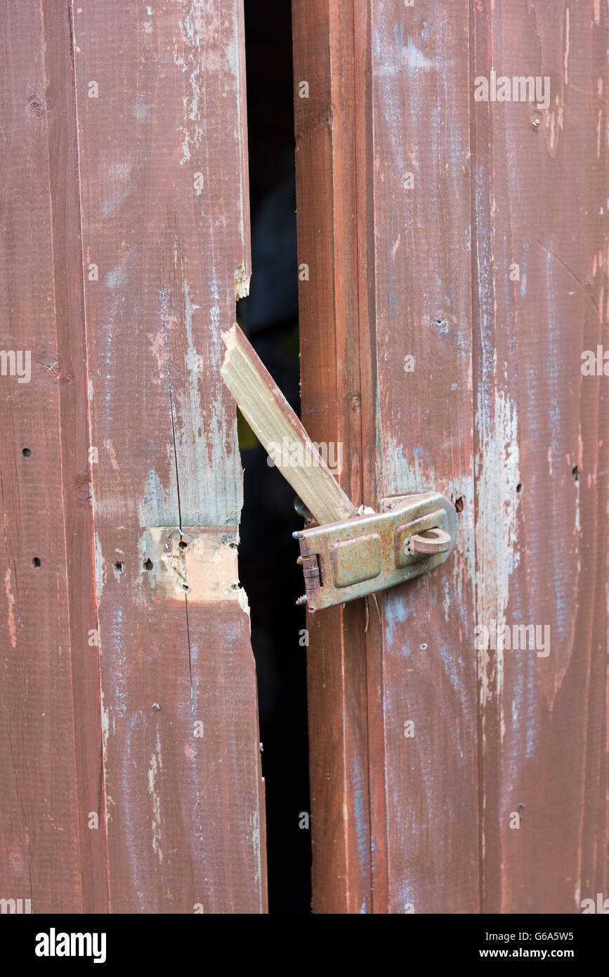 A garden shed with the wooden door forced open in a burglary Stock Photo