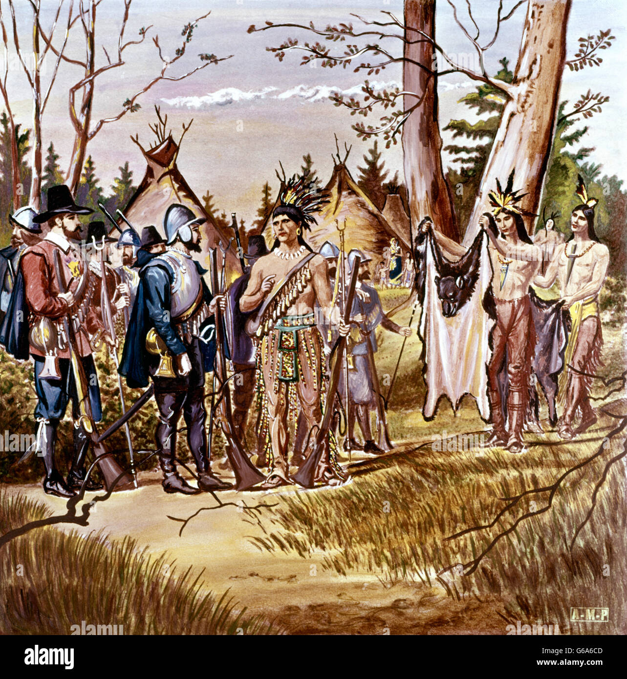 1620s 1621 ILLUSTRATION ANTIQUE GLASS LANTERN SLIDE MILES STANDISH MEETING THE INDIANS IN COLONIAL PLYMOUTH, MA Stock Photo