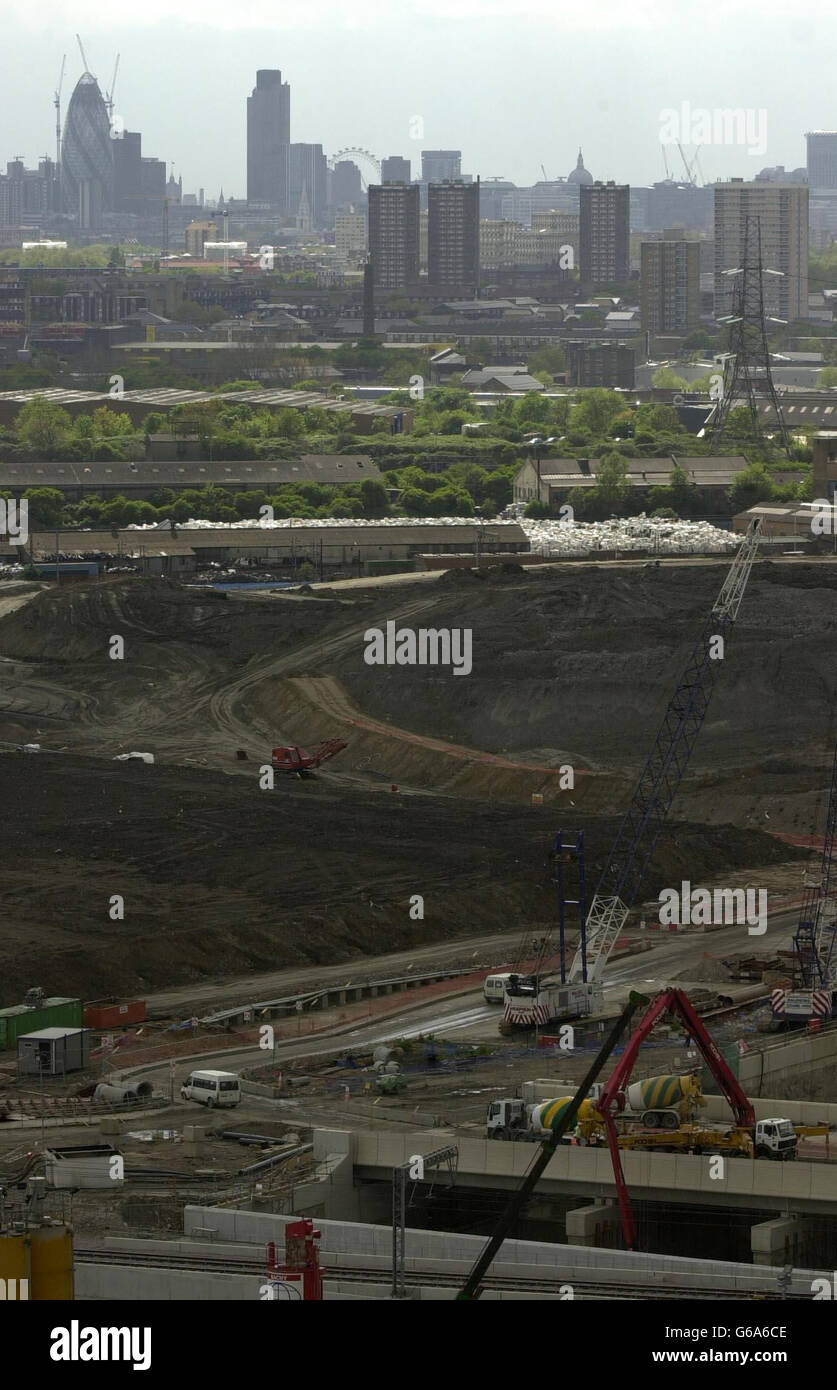 A general view of the main site of the Channel Tunnel Rail Link in Stratford, east London. Residents of the Stratford area are accusing CTRL of negligence after their gardens collapsed earlier this year and their homes subsided. Stock Photo