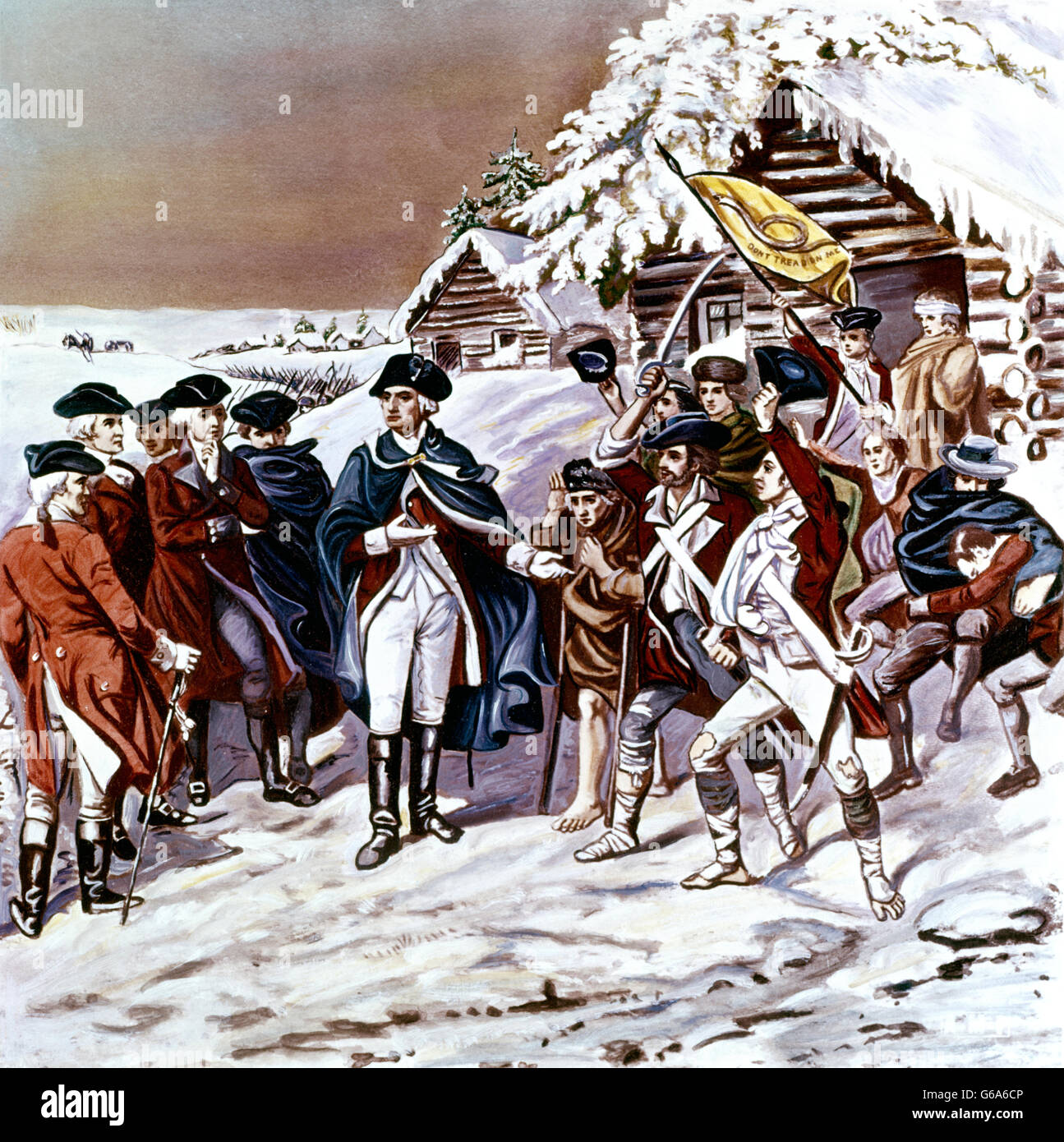 AMERICAN REVOLUTION 1777 CONGRESS AND GENERAL GEORGE WASHINGTON REVIEW COLD HUNGRY SOLDIERS AT VALLEY FORGE PENNSYLVANIA Stock Photo