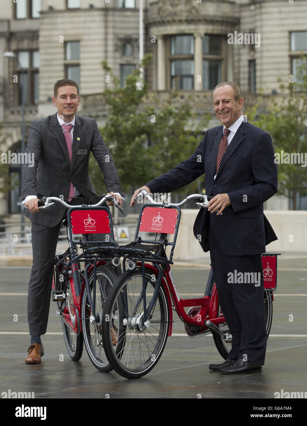 EDITORIAL USE ONLY Kaj Mook, Director of Abellio Bike & Go and Phillip Darnton, Executive Director of the Bicycle Association, Great Britain (right) at the launch of Bike & Go, a nationwide bike hire scheme, at Liverpool Central Station in Liverpool. Stock Photo