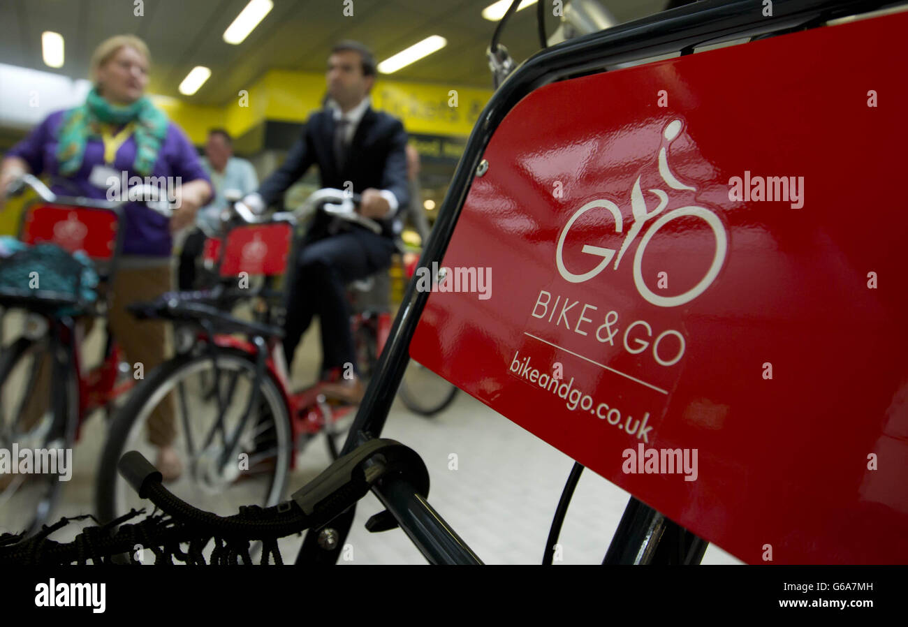 EDITORIAL USE ONLY General view of bicycles at the launch of Abellio Bike & Go, a nationwide bike hire scheme, at Liverpool Central Station in Liverpool. Stock Photo