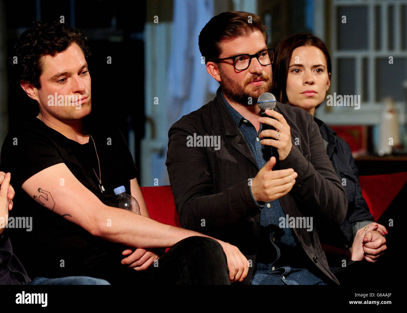 Mathew Horne, Jamie Lloyd and Hayley Atwell are seen at a press