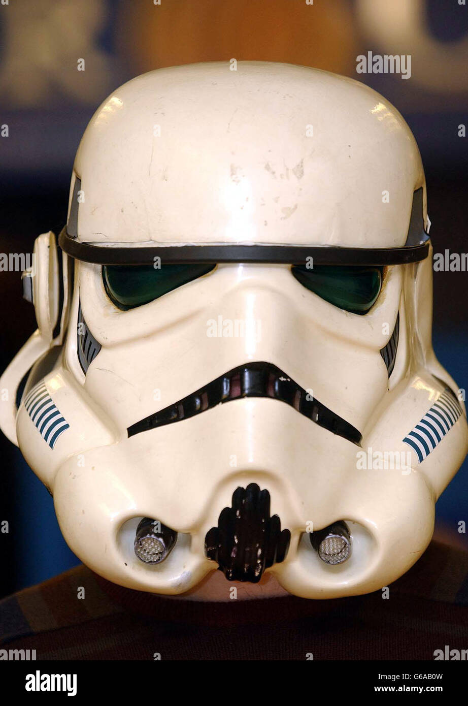 An original Stormtrooper helmet from Return of the Jedi at Cooper Owen galleries in central London The items are among 290 lots up for auction in the 'At The Movies' themed auction to be held at the Cooper and Owen galleries 10 April 2003. * The helmet is expected to fetch between 20,000 - 30,000. Stock Photo