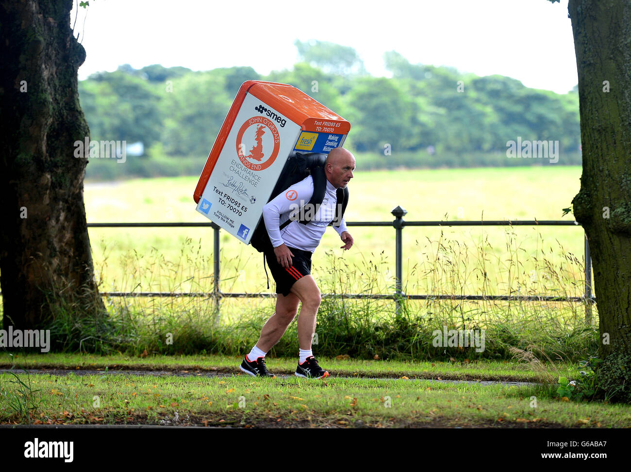 Tony Phoenix-Morrison from Hebburn at the launch of his 40 marathons in 40 days challenge in Newcastle. The super-fit grandfather will run about seven hours per day from John O'Groats to Lands End with a 42.5kg fridge on his back in aid of The Sir Bobby Robson Foundation. Stock Photo