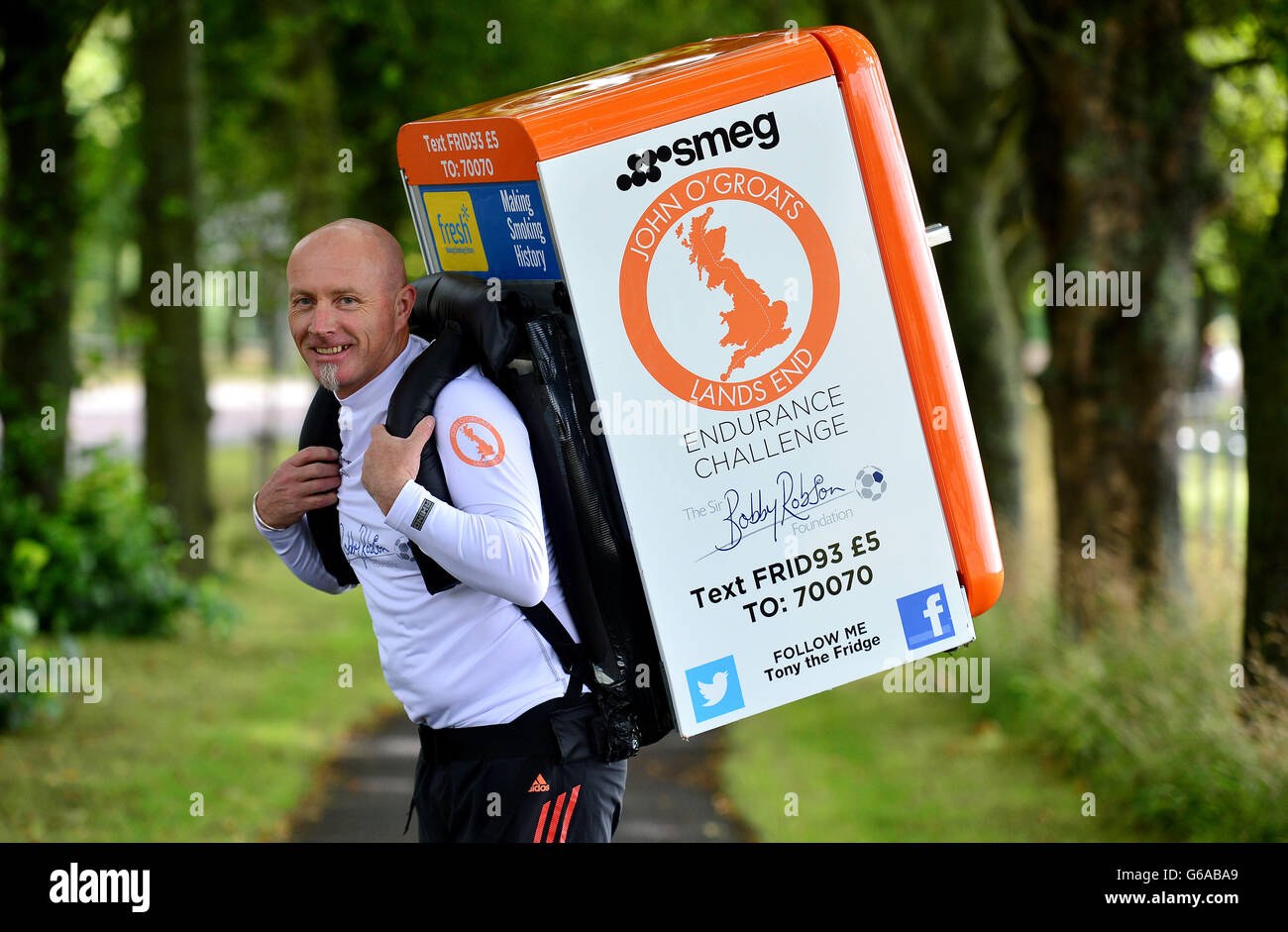 Tony Phoenix-Morrison from Hebburn at the launch of his 40 marathons in 40 days challenge in Newcastle. The super-fit grandfather will run about seven hours per day from John O'Groats to Lands End with a 42.5kg fridge on his back in aid of The Sir Bobby Robson Foundation. Stock Photo