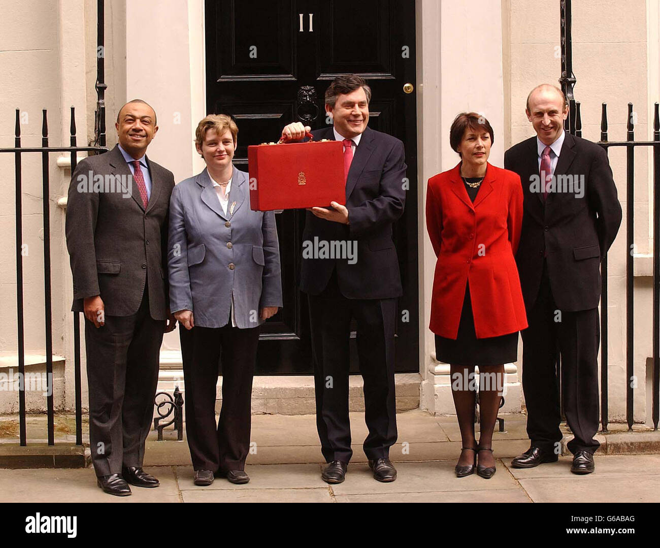 (Left to right) Treasury ministers Paul Boateng, Ruth Kelly, The Chancellor Gordon Brown, Dawn Primarolo and John Healey outside Number 11 Downing Street. Mr Brown was due to present his seventh Budget to the House of Commons, central London. Stock Photo