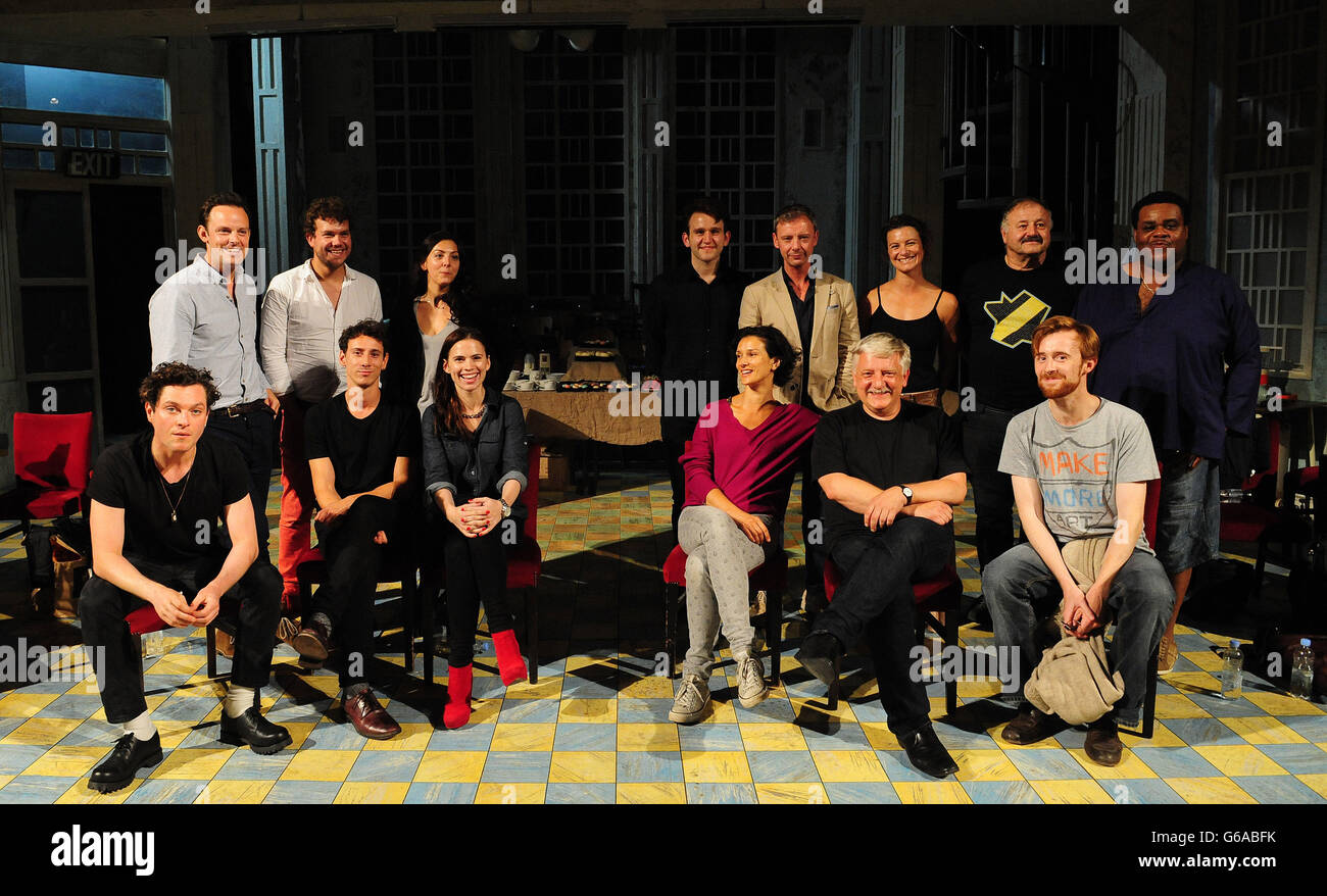 Left) The cast of new play The Pride with Back row l to r) Harry Hadden-Paton. Alasdair Buchan and Naomi Sheldon and front row l to r) Mathew Horne, Al Weaver and Hayley Atwell Right) The cast of Hothouse with Back Row l to r) Harry Melling, John Simm, Holly Smith, Jon Carver and Clive Rowe and front row l to r) Indira Varma, Simon Russell Beale and John Heffernan all were seen at a press conference for the Jamie Lloyd season at the Trafalgar Studios theatre in London. Stock Photo