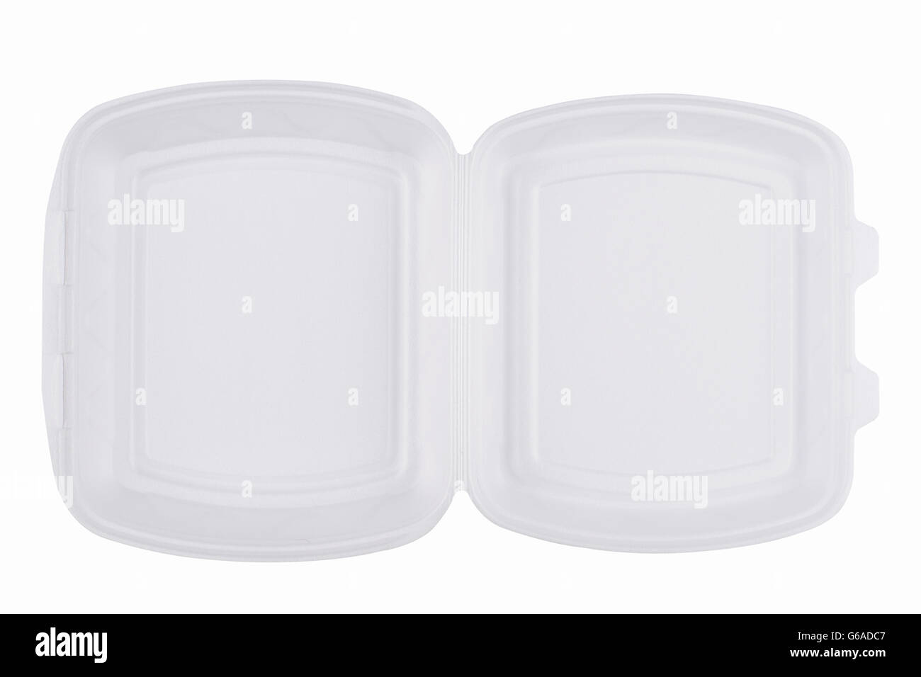 horizontal top view of an open empty white meal foam tray pack isolated Stock Photo