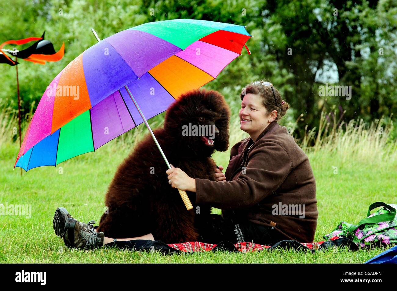 Ruth Walton shelters from the rain with poodle Trevor during the Capable Canines Dog Show at Catton Hall, Walton-on-Trent, Derbyshire. Stock Photo
