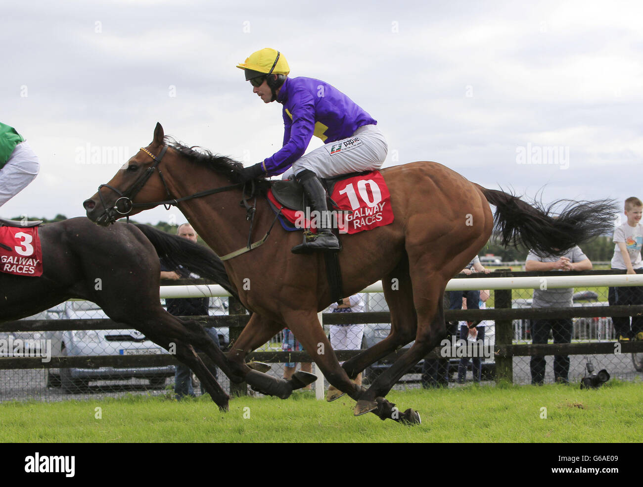 Notable Graduate under jockey Robbie McNamara on their way to winning the Trappers Inn Maiden Hurdle during day seven of the 2013 Galway Summer Festival at Galway Racecourse, Ballybrit, Ireland. Stock Photo