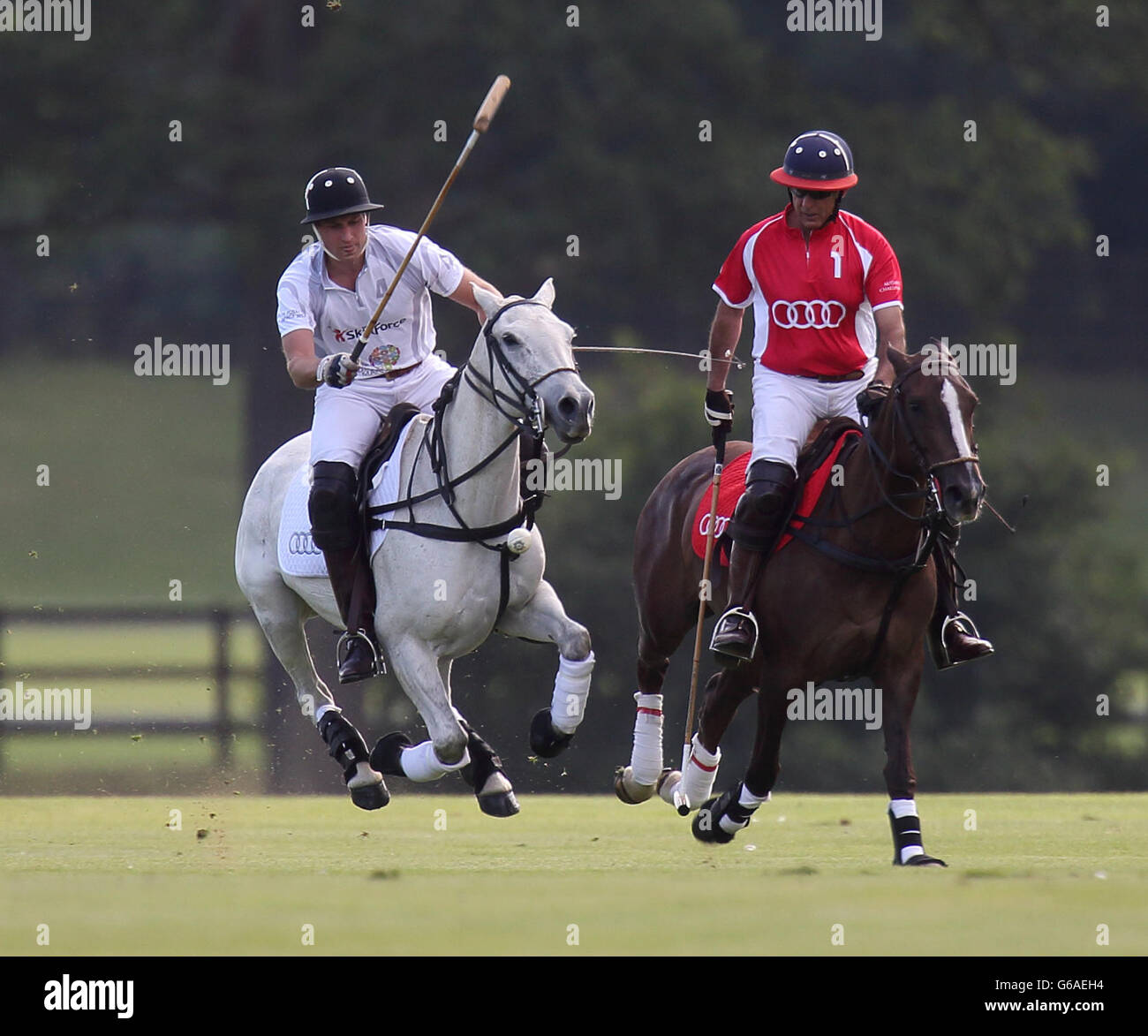 Prince William plays in the Audi Polo Challenge at Cowarth Park, Ascot, Berkshire. The Prince played in the same team as his brother Harry in aid of the Charities SkillForce and the Royal Marsden Cancer Charity. Stock Photo