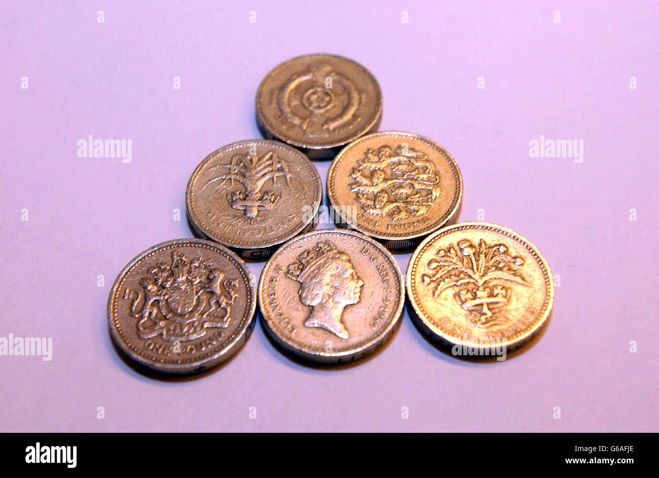 UK Currency, 1 coins. Stock picture of English One Pound Coins. Stock Photo