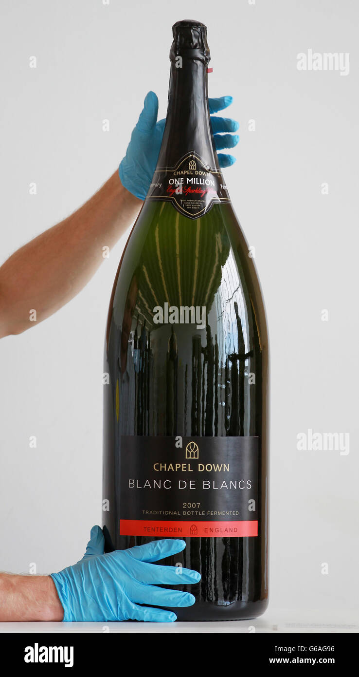 A 15 litre Nebuchadnezzar bottle, the largest bottle of English sparkling  wine ever to be made, which was created by the Chapel Down Winery in Kent,  before it goes on display at