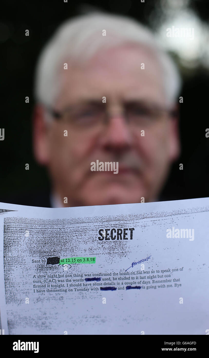 Michael Gallagher, who lost his son Aidan in the Omagh bomb attack holds a redacted email from a Real IRA mole during a press conference on behalf of the Omagh Bomb Survivors group today. Stock Photo