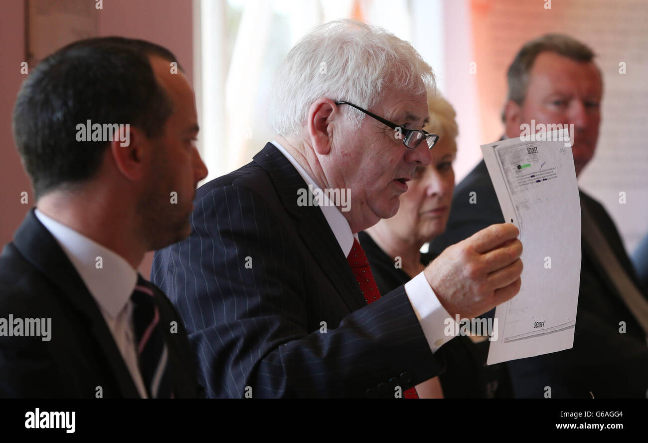 Michael Gallagher, who lost his son Aidan in the Omagh bomb attack, holds a redacted email from a Real IRA mole during a press conference on behalf of the Omagh Bomb Survivors group today. Stock Photo