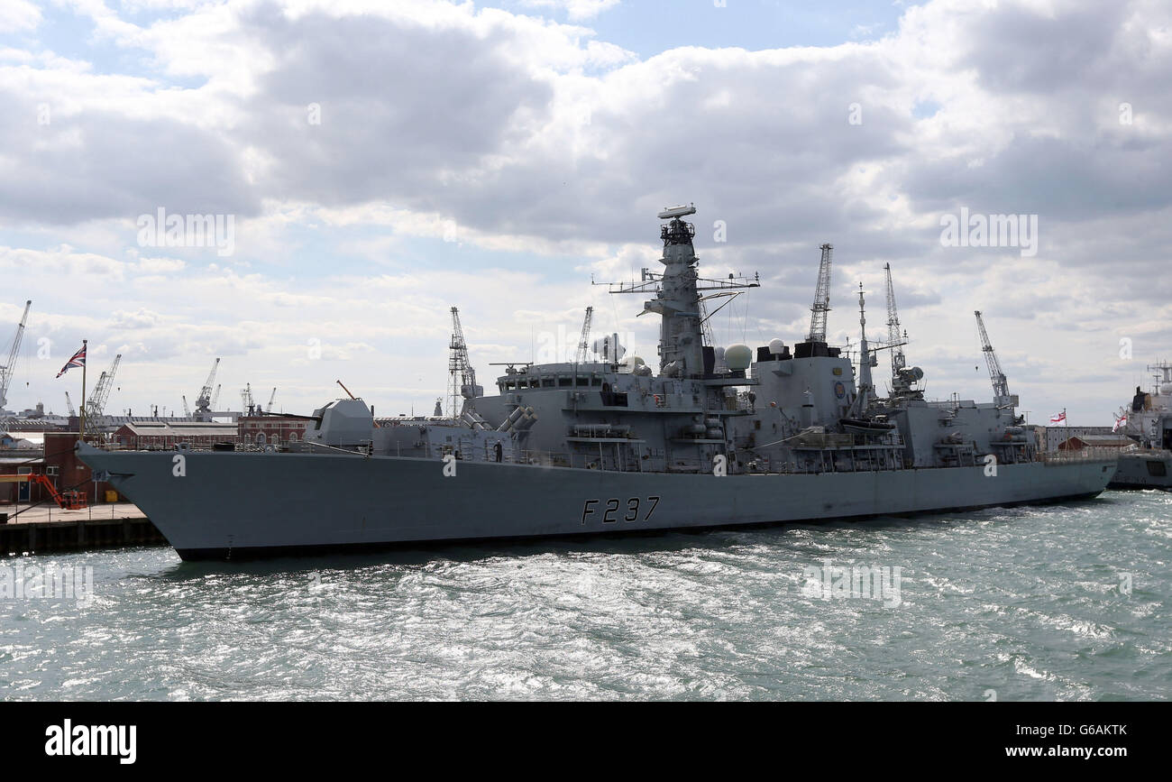 HMS Westminster, a type 23 frigate, in the Naval Harbour in Portsmouth, waiting to sail tomorrow to join a Cougar training exercise in the Mediterranean, the vessel will visit Gibraltar en route. Stock Photo
