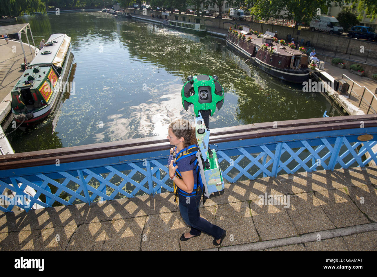 Wendy Hawk from the Canal & River Trust trials Google's latest Street View Technology, the Google Trekker, at London's Little Venice. Stock Photo