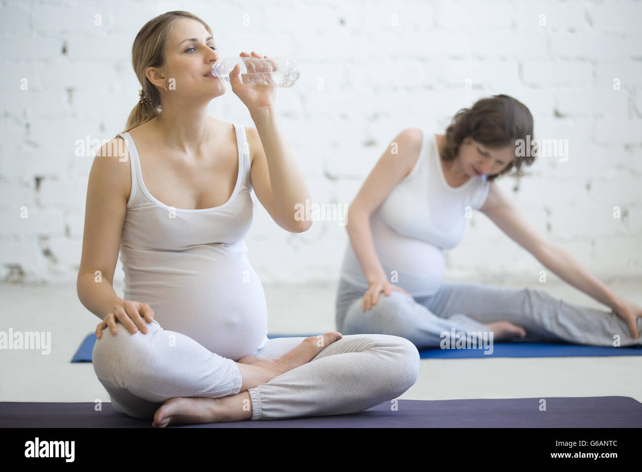 Pregnancy Yoga, Fitness concept. Portrait of two young pregnant models getting ready before exercising in fitness class Stock Photo