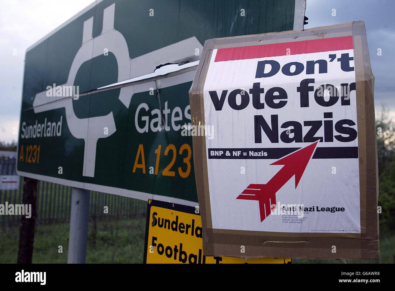 Anti Nazi League posters are left outside Sunderland where the British National Party is contesting seats in tonight's local elections. Stock Photo