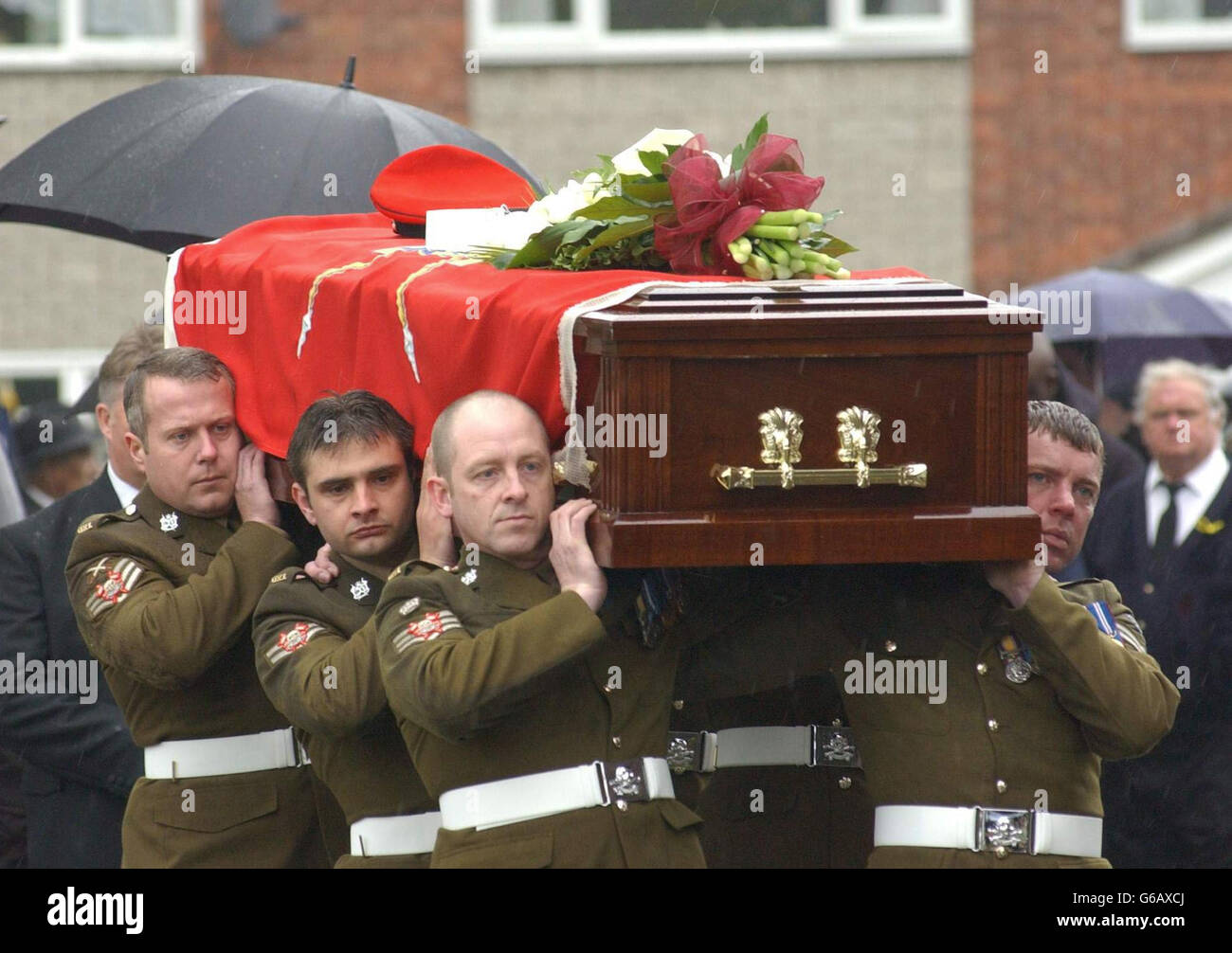 The funeral procession of Corporal Stephen Allbutt arrives at Holy Trinity Church in Meir, Stoke-on-Trent. Stock Photo