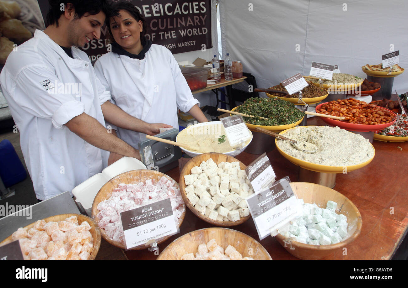 Food stalls in Trafalgar Square in London to celebrate Eid-ul-Fitr, meaning Feast of Breaking the Fast and signals the end of Ramadan, the holy month of fasting. Stock Photo