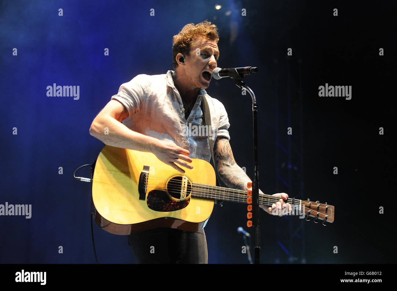 Danny Jones of McFly performs on the Arena stage during day one of the V Festival at Weston Park in Weston-under-Lizard. PRESS ASSOCIATION Photo. Picture date: Saturday August 17, 2013. Photo credit should read: Joe Giddens/PA Wire Stock Photo