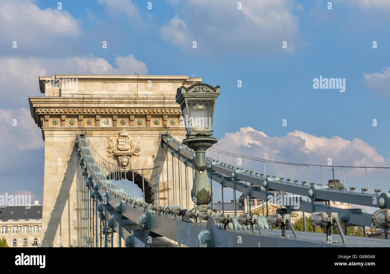 Top fragment of Chain Bridge in Budapest, Hungary. Stock Photo