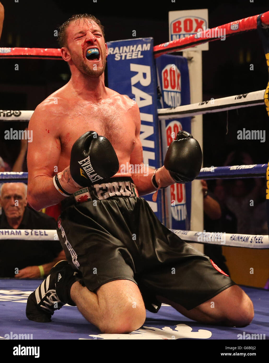 Enzo Maccrinelli celebrates his Commonwealth Light Heavyweight Championship fight against Ovill McKenzie at the Motorpoint Arena, Cardiff. Stock Photo