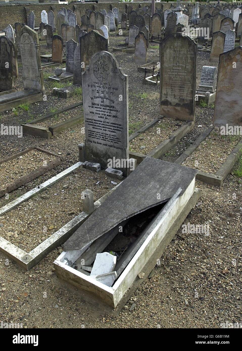 One of more than 380 graves desecrated in a Jewish cemetery in what police, termed as a racially motivated attack. Officers were called to Plashet Cemetery in East Ham, London. They discovered 386 graves which appeared to have been pushed over and damaged. * A police spokesman said: There was no evidence of any disturbance to the graves themselves and there was no evidence of any graffiti daubed. Stock Photo