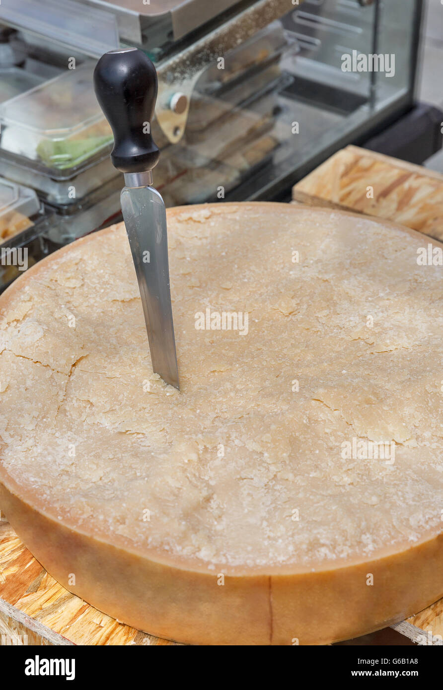 Parmesan cheese head with knife closeup. Stock Photo