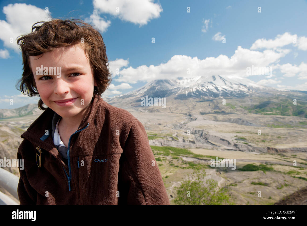 Boy at Mount St. Helens National Volcanic Monument, Washington, USA Stock Photo