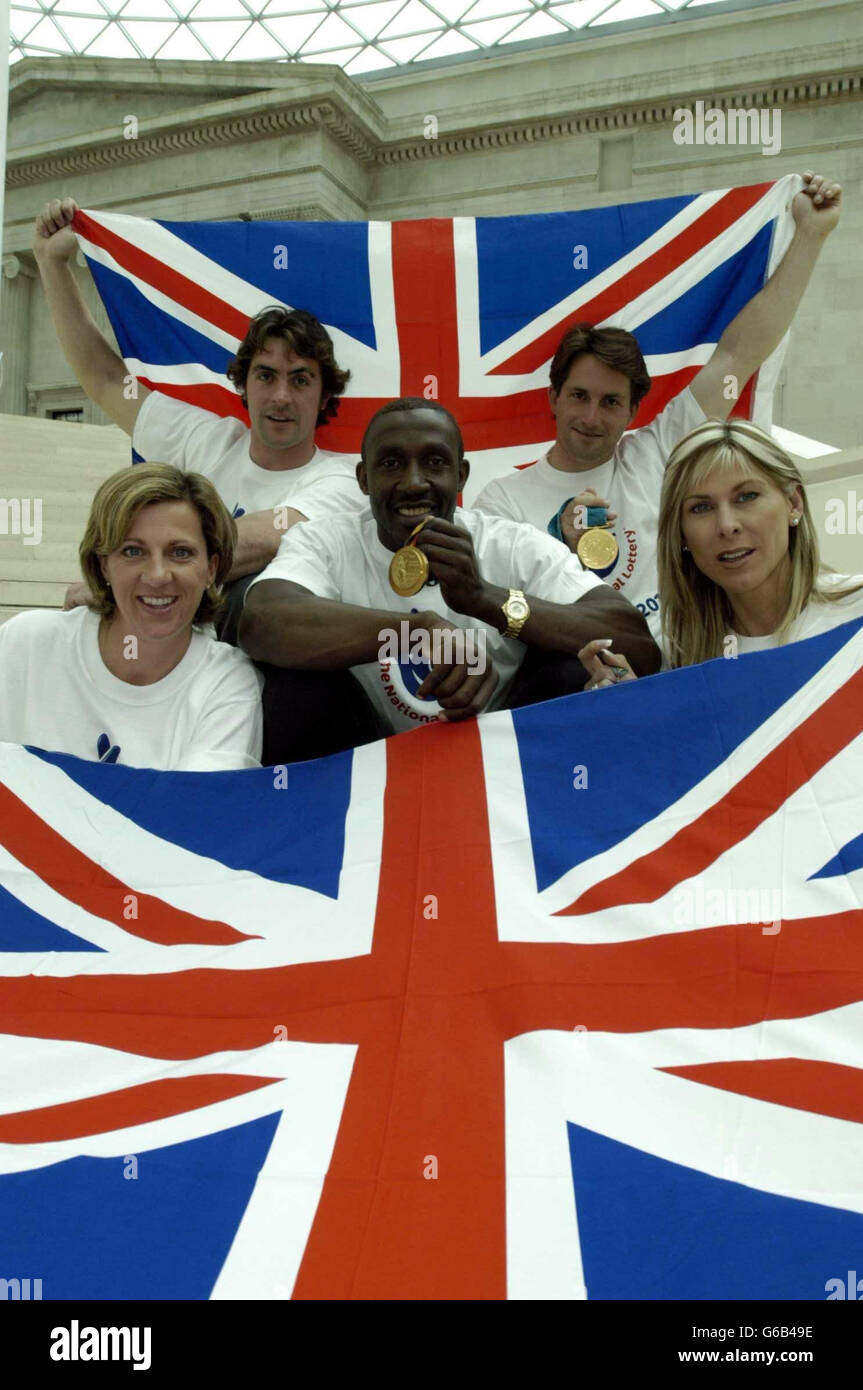 (Left to right) Olympic medal winners Sally Gunnell, Jason Queally, Linford Christie, Ben Ainslie & Sharron Davies as Camelot launch their strategy for raising 750 million for the British Olympic bid, at the British Museum, Great Russell Street. * Among the proposed games is a weekly draw with 30,000 prizes, ranging from 20 to 200,000, and a twice-yearly Olympic Mega Draw with over 27 million in prizes, plus 25,000 other incentives such as Olympic holiday packages. Camelot said it was ready to launch the first of the games early next year, although the final decision will remain with Stock Photo