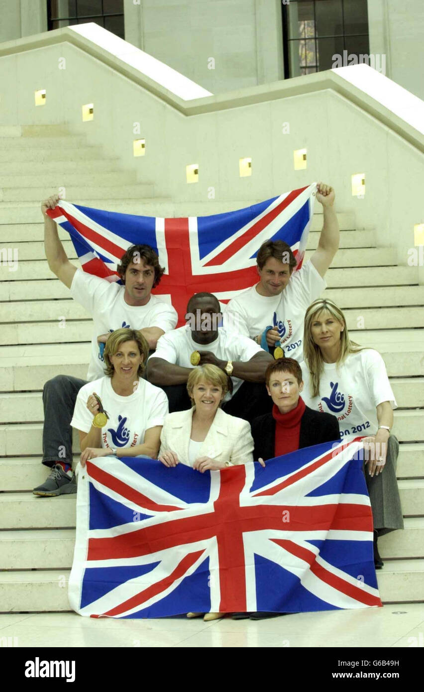 (Left to right) Olympic medal winners Sally Gunnell, Jason Queally, Linford Christie, Ben Ainslie & Sharron Davies are joined by Camelot's (L-R) Dianne Thompson (Chief Exec) and Jo Kenrick (Director of Marketing Communications) as Camelot launch their strategy for raising 750 million for the British Olympic bid, at the British Museum, Great Russell Street. Among the proposed games is a weekly draw with 30,000 prizes, ranging from 20 to 200,000, and a twice-yearly Olympic Mega Draw with over 27 million in prizes, plus 25,000 other incentives such as Olympic holiday packages. Stock Photo