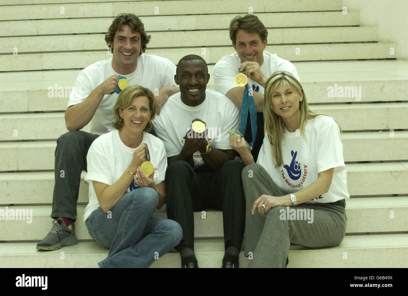 (Left to right) Olympic medal winners Sally Gunnell, Jason Queally, Linford Christie, Ben Ainslie & Sharron Davies as Camelot launch their strategy for raising 750 million for the British Olympic bid, at the British Museum, Great Russell Street. * Among the proposed games is a weekly draw with 30,000 prizes, ranging from 20 to 200,000, and a twice-yearly Olympic Mega Draw with over 27 million in prizes, plus 25,000 other incentives such as Olympic holiday packages. Camelot said it was ready to launch the first of the games early next year, although the final decision will remain Stock Photo