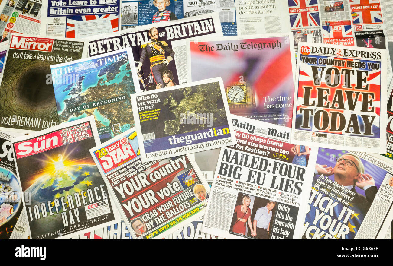 British newspaper front pages reporting on the eve of the EU Referendum. Stock Photo