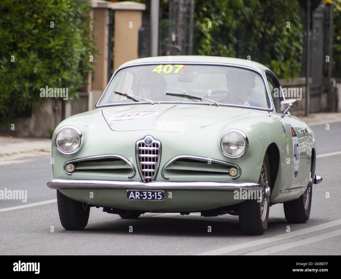 FANO, ITALY - MAY 16: Alfa Romeo 1900 Super Sprint Touring old racing car in rally Mille Miglia 2014 the famous italian historical race (1927-1957) on Stock Photo