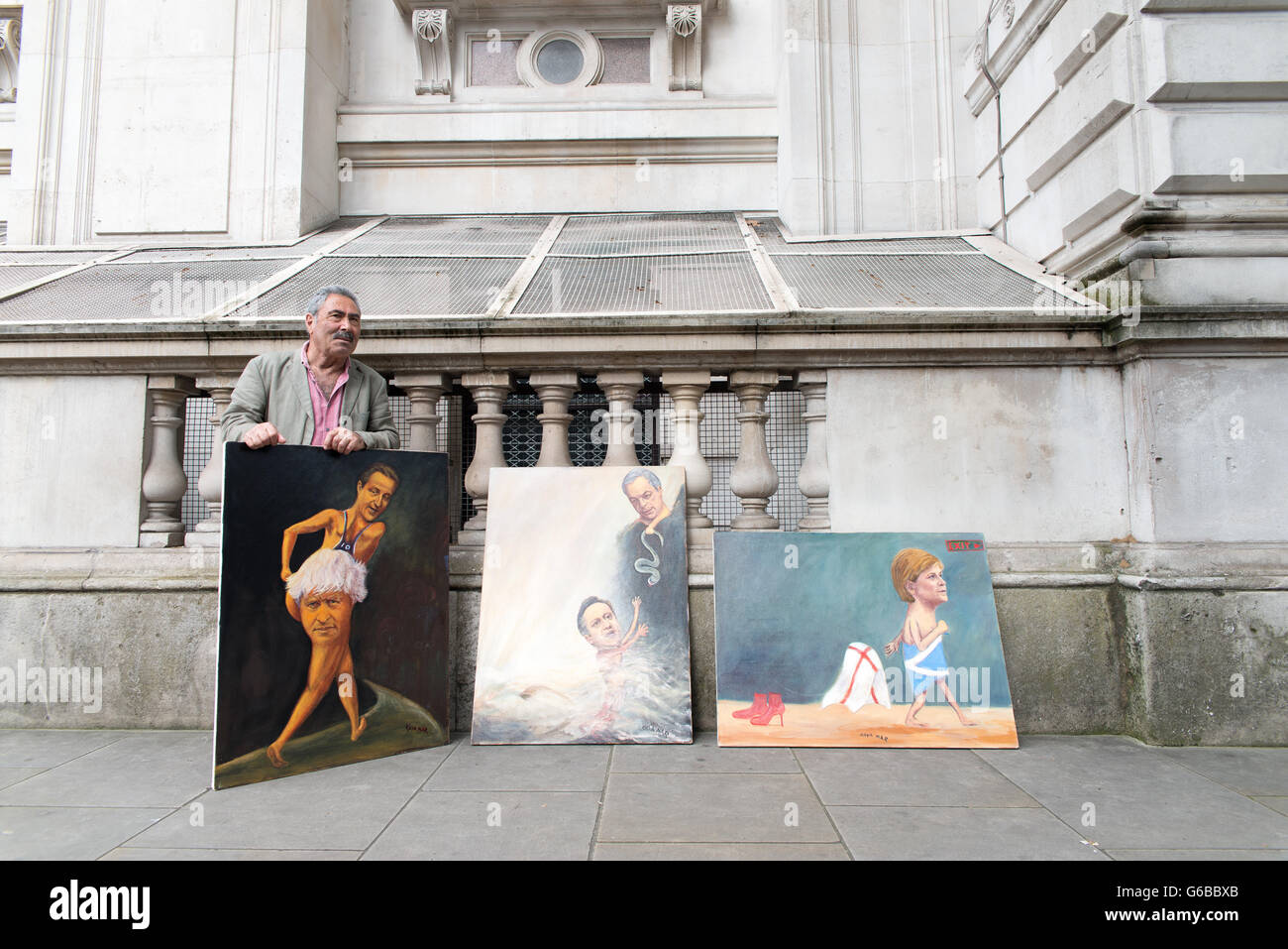 London, UK. 24th June, 2016. A painter shows his works the morning after Britain left EU, close to Downing Street. Credit:  Alberto Pezzali/Alamy Live News Stock Photo
