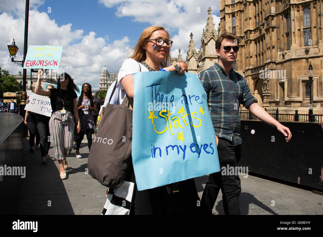 London, UK. 24th June, 2016. Protesters march towards College Green in Westminster outside the Houses of Parliamant following a Leave vote, also known as Brexit as the EU Referendum in the UK votes to leave the European Union on June 24th 2016 in London, United Kingdom. Membership of the European Union has been a topic of debate in the UK since the country joined the EEC, or Common Market in 1973. Credit:  Michael Kemp/Alamy Live News Stock Photo