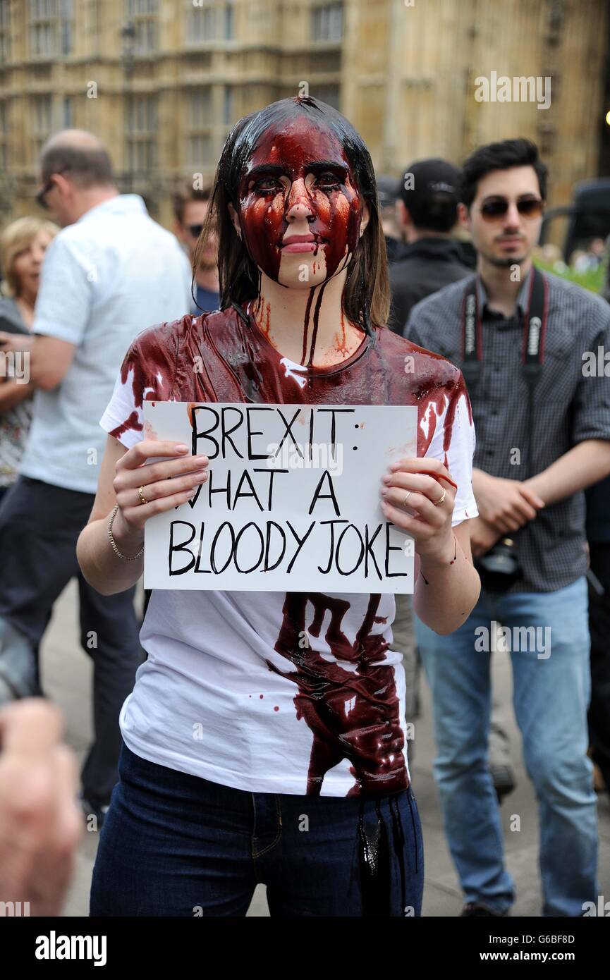 Brexit protester pours fake blood over herself on the day of the EU Referendum result, London, UK Stock Photo