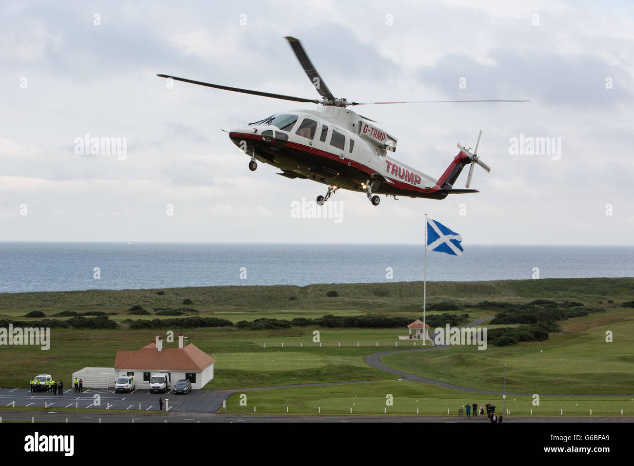 Republic presidential nominee Donald Trump arrives by helicopter, with his family members, at his Turnberry Golf Course, in Turnberry, Scotland, on 24 June 2016. Stock Photo
