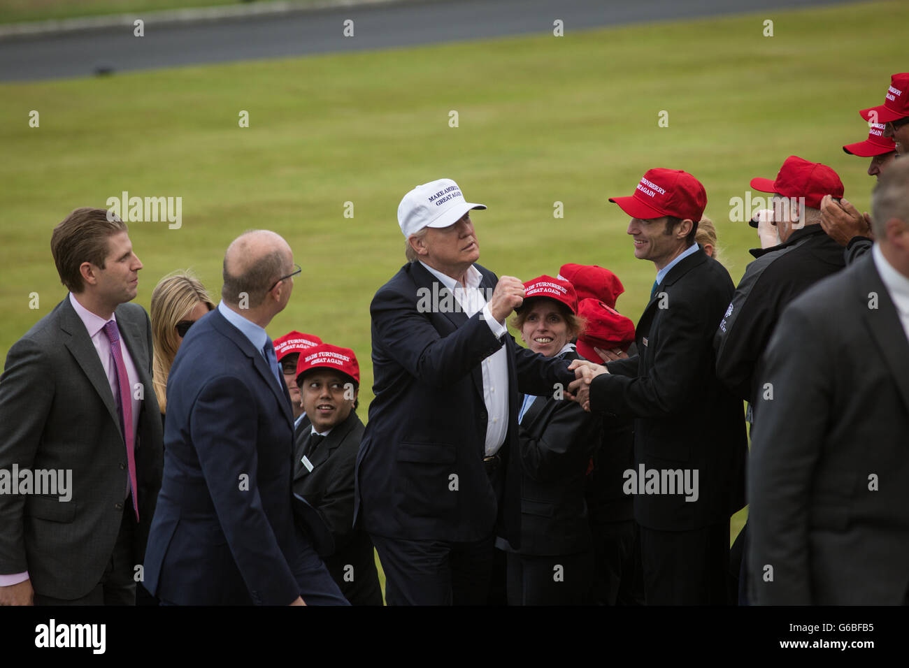 Republic presidential nominee Donald Trump arrives by helicopter, with his family members, at his Turnberry Golf Course, in Turnberry, Scotland, on 24 June 2016. Stock Photo