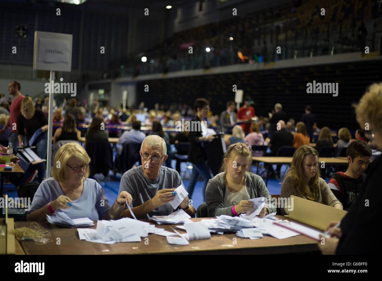 Glasgow, UK. 23rd June, 2016. The ballot boxes containing the votes arrive in the Emirates Arena to begin the count of votes, as voting takes place on the United Kingdom's referendum on European Union membership, in Glasgow, Scotland, on 23 June 2016. Credit:  jeremy sutton-hibbert/Alamy Live News Stock Photo