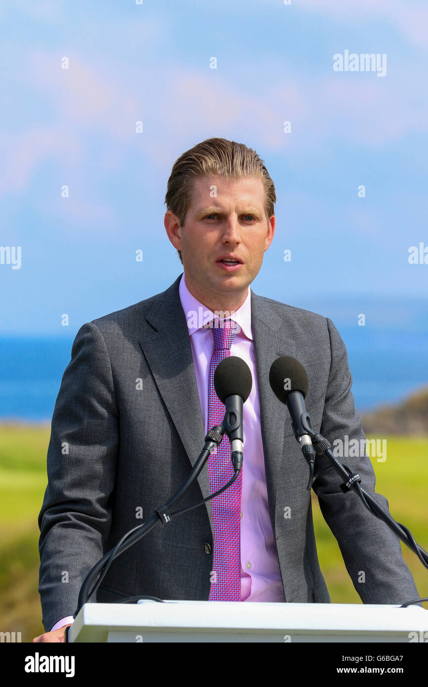 Turnberry, Scotland, UK. 24th June, 2016. Donald Trump flew into Scotland today to officially open his multimillion pound investment at Turnberry Hotel and Golf courses. Mr Trump, accompanied by his sons and daughter held a press conference on the iconic 9th tee, known as 'Bruce's Well' with Turnberry lighthouse in the background. Credit:  Findlay/Alamy Live News Stock Photo